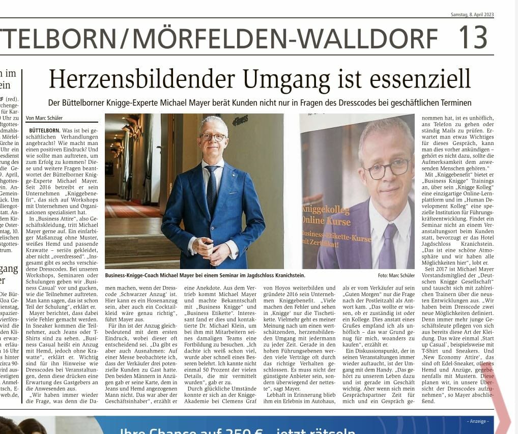 Herzensbildender Umgang - Artikel im Groß-Gerau Echo kniggebenefit.de 1 Gute Umgangsformen im Business Artikel 8.4.23 im Groß-Gerau Echo